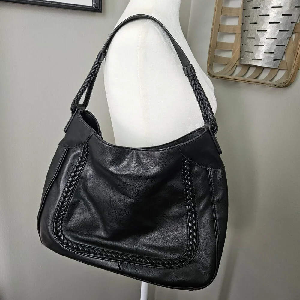 Sole/Society Large Black Faux Leather Braided Detail Hobo Shoulder Bag
